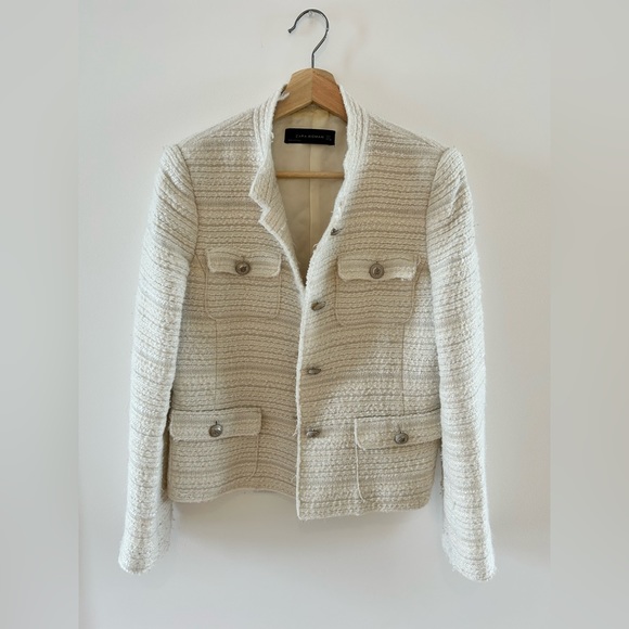 Zara White Wool Tweed Knit Shimmer Button Down Military Blazer Jacket - Picture 6 of 6